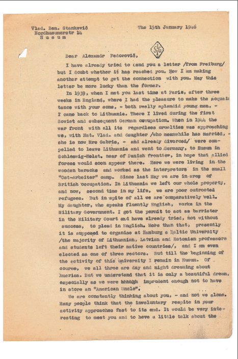 Prof. Vlado Stankos laiško Aleksandrui Fedorovičiui Kerenskiui fragmentas, 1946 m.